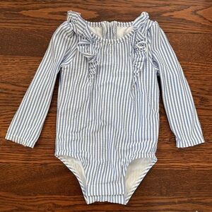 Baby Gap Blue Seersucker Stripe Swimsuit Long Sleeve w/ Ruffle 12-18 mo